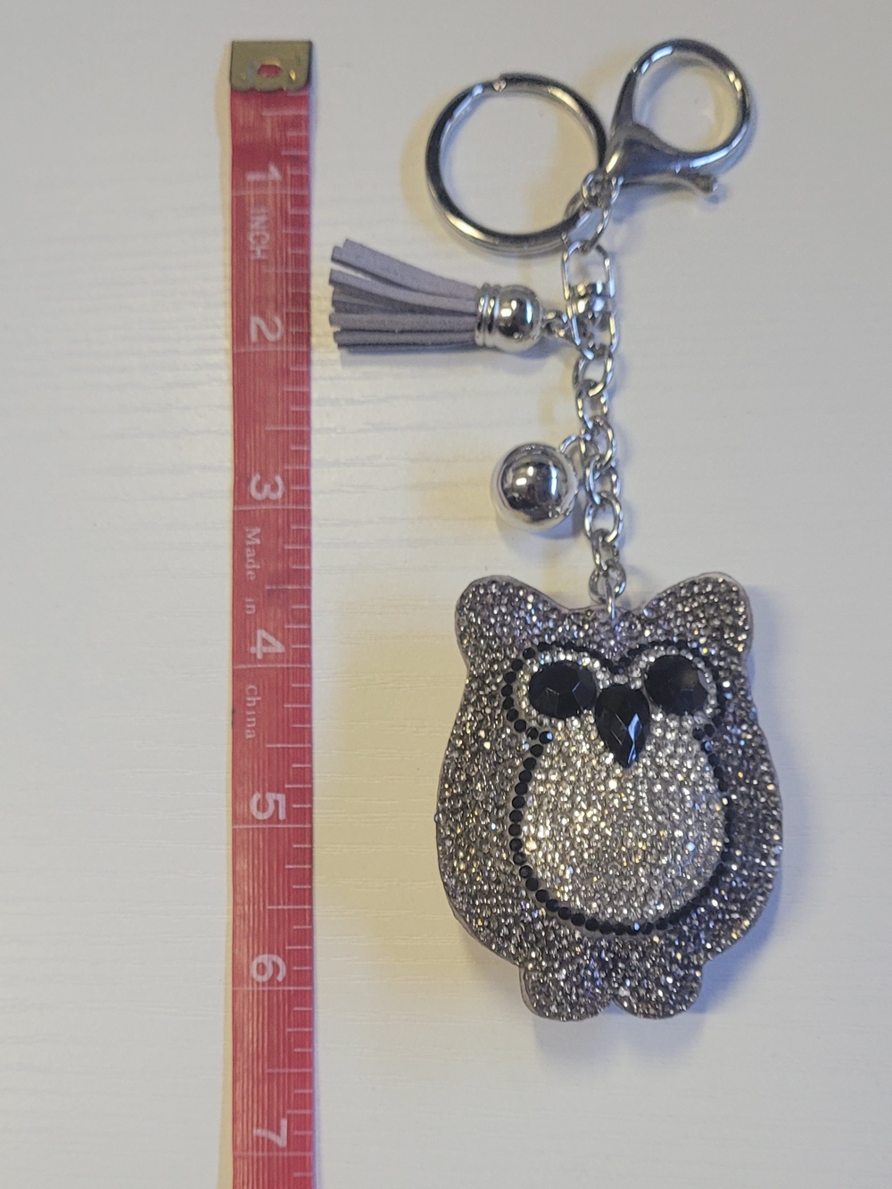 Sparkling Gray Owl Keychain Charm with Tassel
